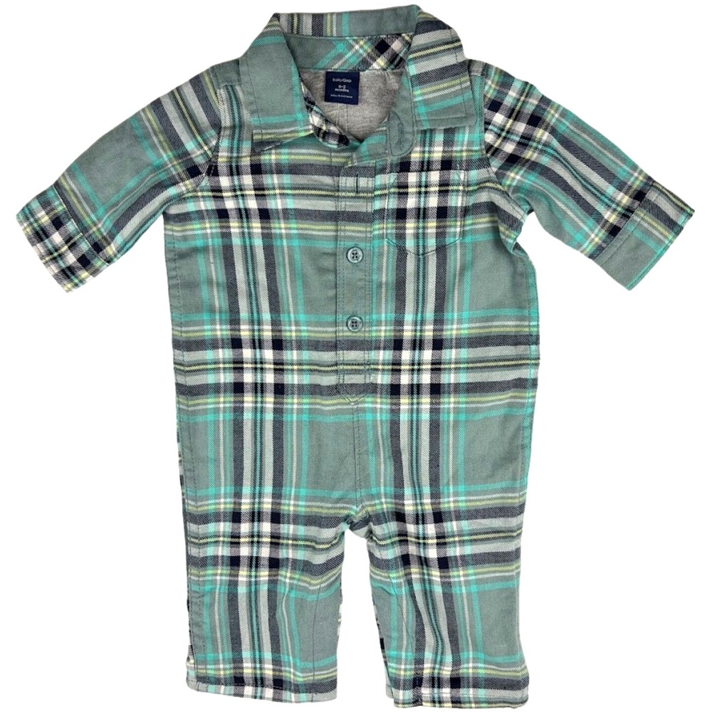 Baby Gap Plaid Longall Outfit 0 3 Mos Lined Gray 1pc Romper Blue‎ Green Collared